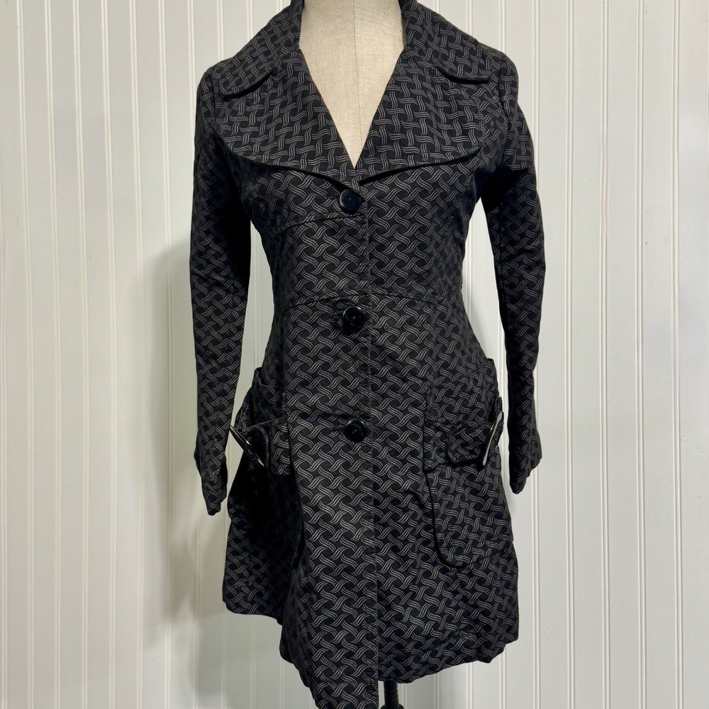Custo Barcelona Women's Coat 6 Geometric Woven Black Trench Jacket Art to Wear